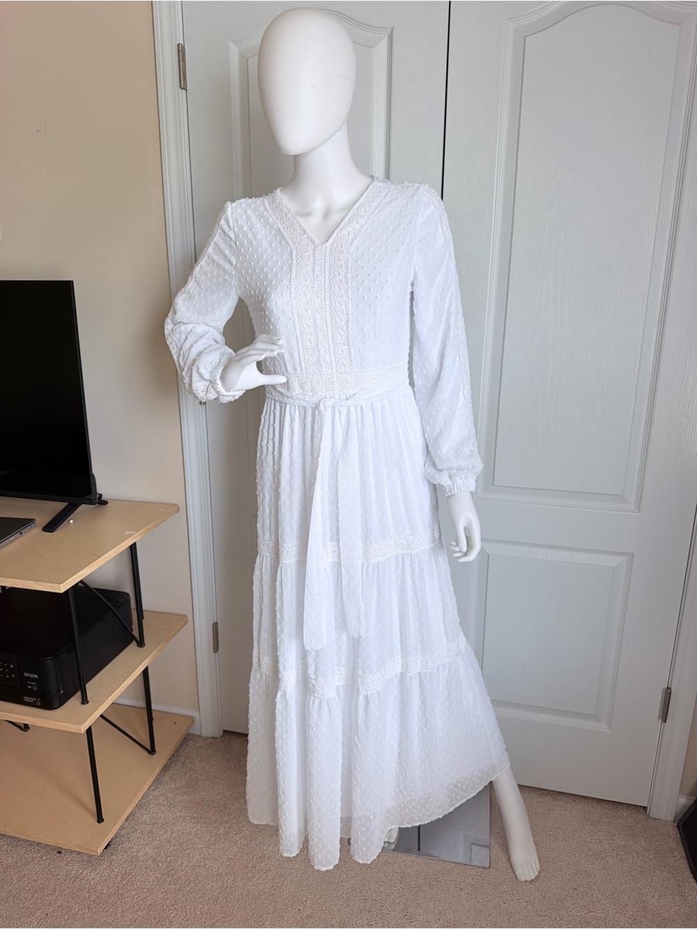 Boho White V-Neck Long Sleeve Lace Trim Swiss-Dot Maxi Dress Size S